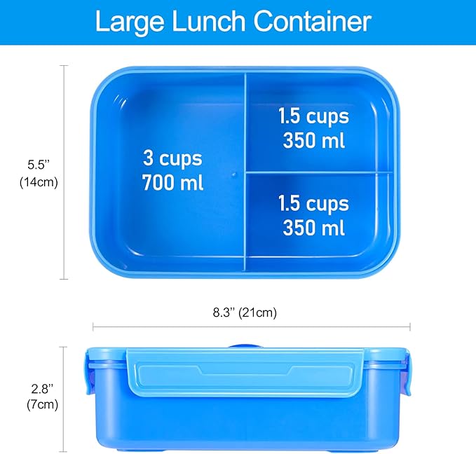 Caperci Classic Bento Lunch Box for Adult & Older Kids - Leakpoof 47 oz 3-Compartment Lunch Containers for Adults and Teens, Built-in Utensil Set