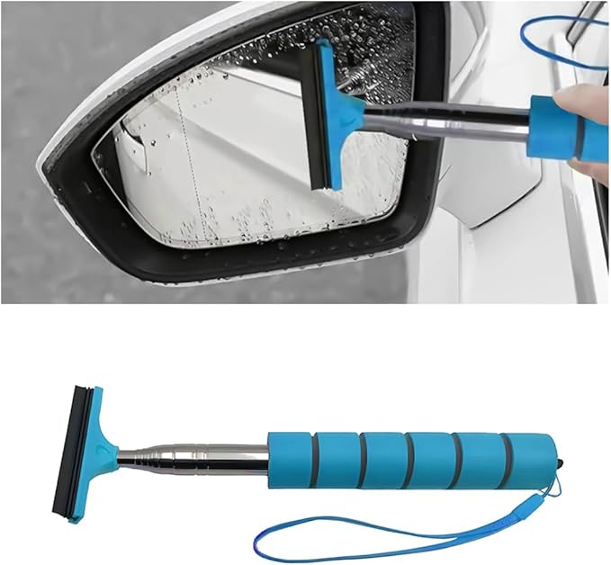 8sanlione Car Rearview Mirror Wiper, Retractable Auto Glass Squeegee, Water Cleaner with Telescopic Long Rod, Portable Cleaning Tool for All Vehicles