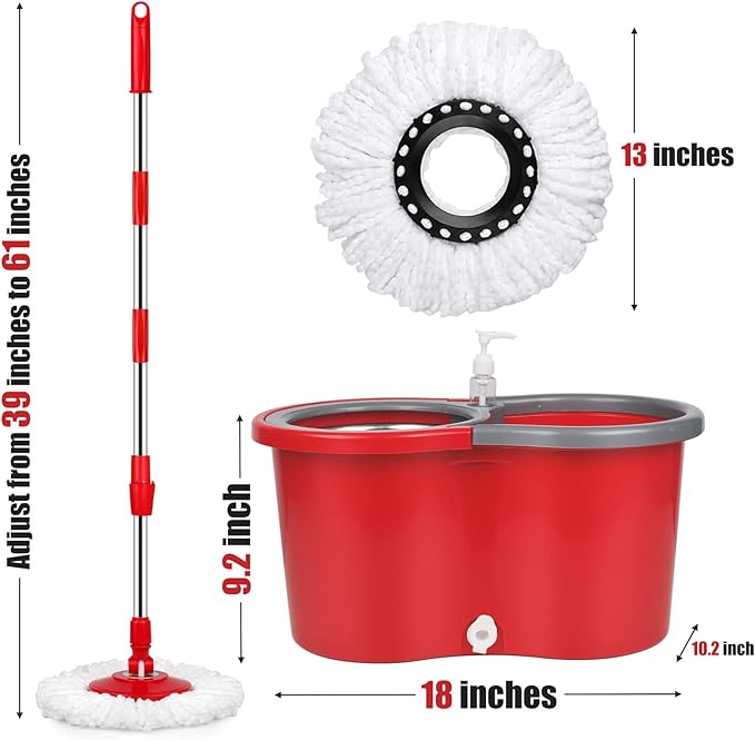 Spin Mop and Bucket, Microfiber Spin Mop & Bucket Floor Cleaning System, Spin Mop Kit with 3 Mop Heads, Mop with Stainless Steel Wringer, 61 inches Telescoping Mop Rod (Red)