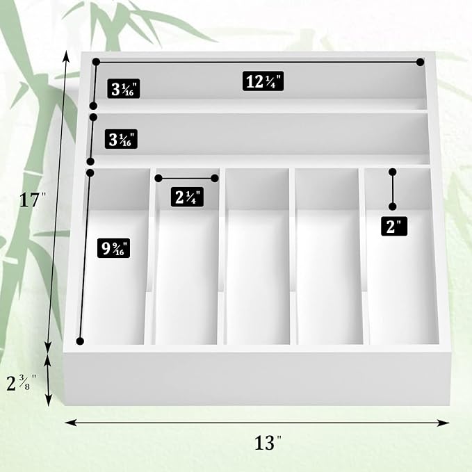 Utensil Organizer Silverware Drawer Organizer - 7 Slots Bamboo Cutlery Organizer Multi-Purpose Silverware Divider for Kitchen Flatware, Hair Accessories, Repair Tools, Art Set W13”x L17” (White)