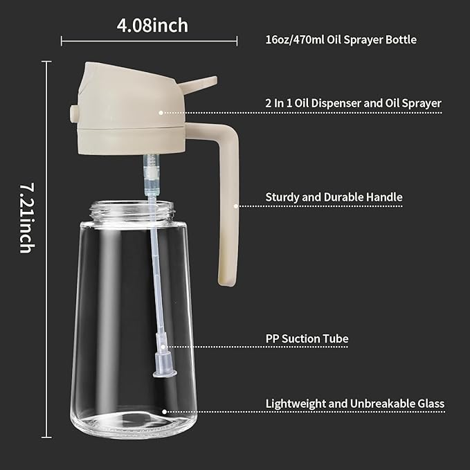 Oil Sprayer for Cooking – 16oz Glass Bottle with Fine Mist Nozzle – Ideal for Olive Oil, Air Fryers, Salads, Grilling, and Baking (Creamy White)