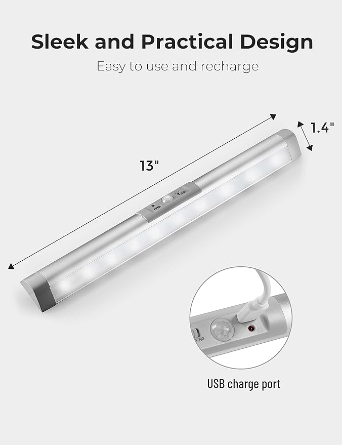 Joyzy Automatic Motion Sensor Closet Lights with Eye-Protection Design Closet Lighting, LED Rechargeable Cabinet Light Battery Operated Wardrobe Light for Wireless Pantry Sink (80Lumen, 6000k 80+CRI)