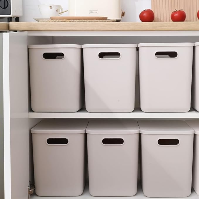 6 Piece Plastic Storage Baskets Boxes with Lids,14.4x10.2x11.8 inch Stackable Organizing Bins with Handles, Versatile Containers for Pantry,Bathroom,Closet Shelves Desktop (Light grey, 4XXL+2XL)