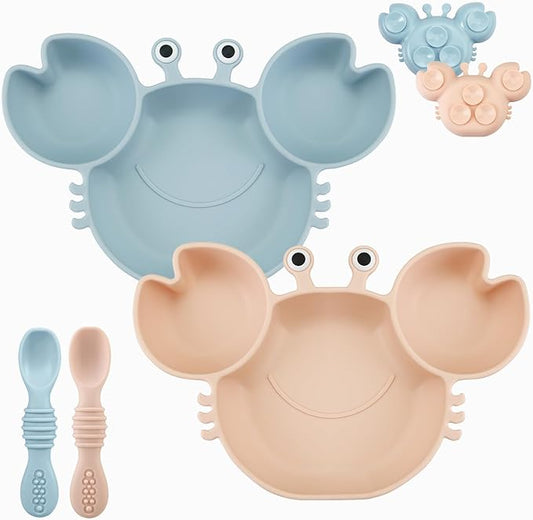 PandaEar 2 Pack Silicone Suction Plate for Baby, Divided Unbreakable Toddler Food Plate with 2 Pack Spoons for Self Feeding