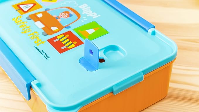 Zak Designs Blippi Reusable Plastic Bento Box with Leak-Proof Seal, Carrying Handle, Microwave Steam Vent, and Individual Containers for Kids' Packed Lunch (3-Piece Set)