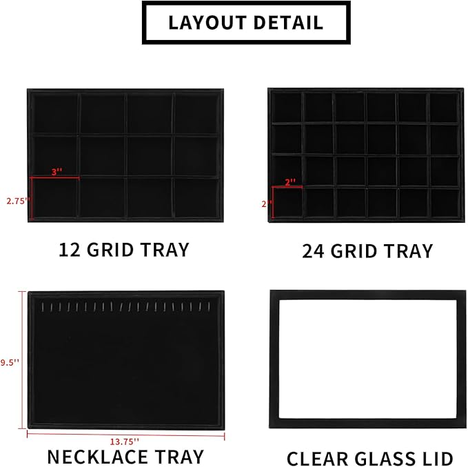 Wudygirl Set of 4 Stackable Jewelry Organizer Trays for Drawer Velvet Drawer Organizer with Lid Jewelry Display Case for Earring Necklace Ring Bracelet Gift for Women Girl(Set of 4,Black)