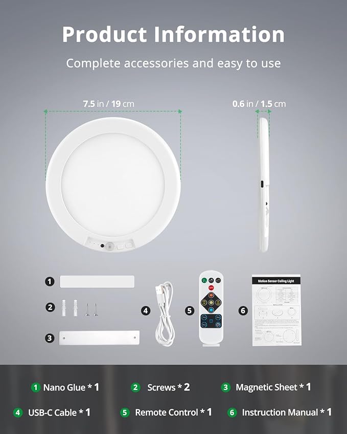 Bojim Wireless Ceiling Light Fixture Rechargeable Battery Operated Waterproof Lights for Shower Indoor, Motion Sensor Adhesive Magnetic Mount Overhead with Remote for Closet Bathroom Pantry