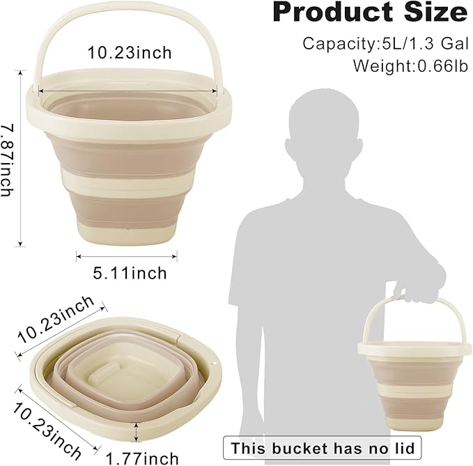 5L Collapsible Bucket with Handle, Mop Bucket for Wash Basin Dog Water Car Washing Window Cleaning, Foldable Plastic Tub Waterpot for Outdoor Beaching Fishing Gardening Camping Essentials