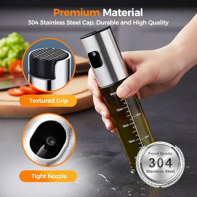 Oil Sprayer for Cooking,Olive Oil Sprayer,3.38 Oz/100ml,Press Oil Spray Pot with Scales,304 Stainless Steel Glass Oil Spray Bottle for Salad, Baking, BBQ, Air Fryer Accessories (1 Bottle with tools)