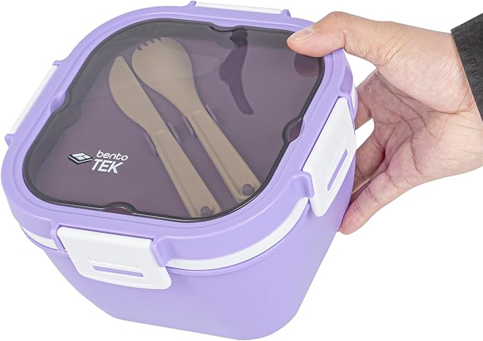 Restaurantware-Bento Tek 57.5 Ounce Bento Box, 1 Reusable Lunch Container - With Fork And Knife, Does Not Contain BPA, Purple And White Plastic Reusable Lunch Box, Microwavable, Dishwashable