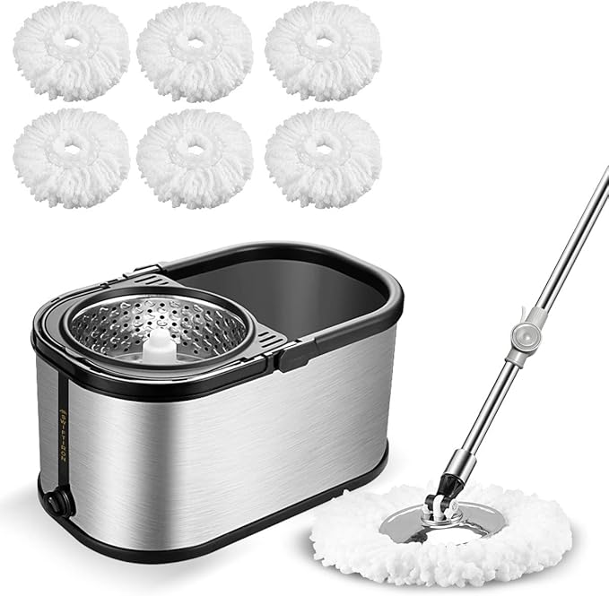 Spin Mop Bucket System Stainless Steel Bucket and Mop Set with 6 Microfiber Replacement Head Refills, Floor Mop with 4 Wheel
