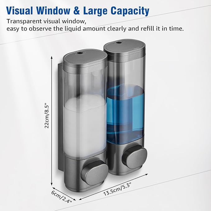 Shampoo and Conditioner Dispenser 2 Chamber No Drill, Shower Soap Pump Dispenser Wall Mounted, Body Wash Dispenser for Shower, Shower Gel Dispenser Shampoo Holder for Bathroom Accessories, Gungrey