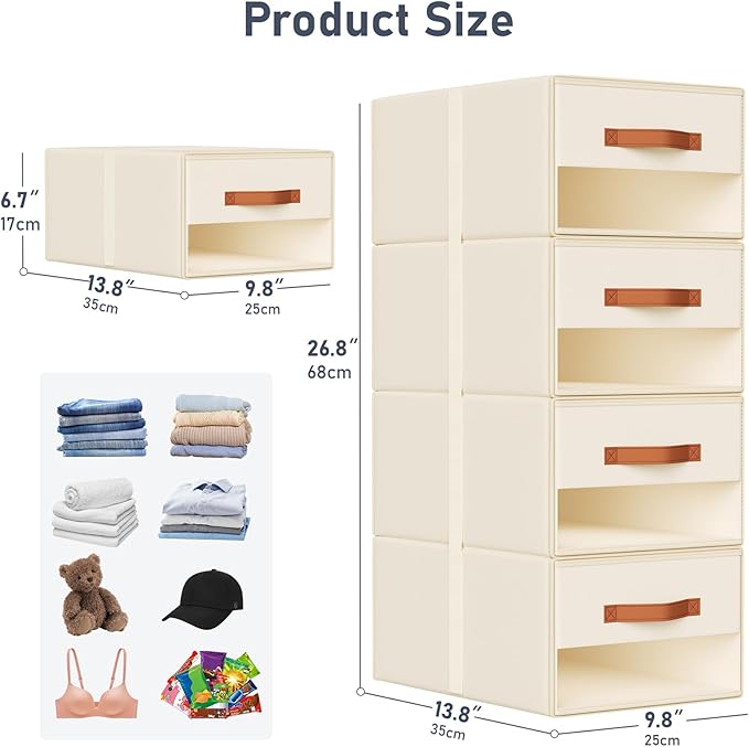 DIMJ Closet Organizers and Storage - Fabric Bins with Drawers for Closet Foldable Clothes Organizers with Clear Window, Stackable Storage Drawers Units for Bedroom, Living Room, Medium 4-Pack, Beige