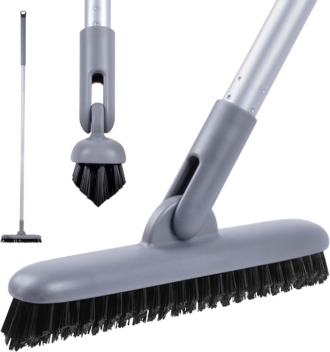 DSV Standard Grout Scrub Brush with Long Handle, 50'' Tile Grout Scrubber, V-Shape Crevice Cleaning Brush for Hard to Reach Areas, 180° Rotation Grout Cleaner for Tile Floors, Baseboards and Corners