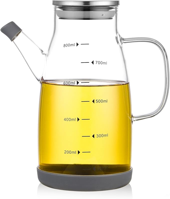 Glass Oil Dispenser Bottle - Glass Olive Oil Bottle for Kitchen, Wide Mouth Borosilicate Glass Cooking Oil Bottles with Lid and Handle,800ML/27oz