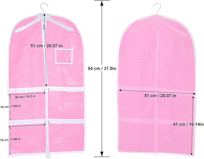 WJWSKI Pink Kids Dance Garment Bag for Hanging Clothes,37 Inch Waterproof PVC Travel Garment Bag with 3 Pockets for Dance Costumes,Sports,Skating,Theatre,Beauty Pageants & More