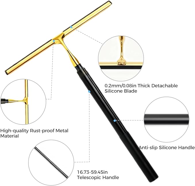16.7“- 59.5" Long Handle Window Squeegee with Extension Pole, 12.4" Wide Metal Shower Squeegee for Glass Doors
