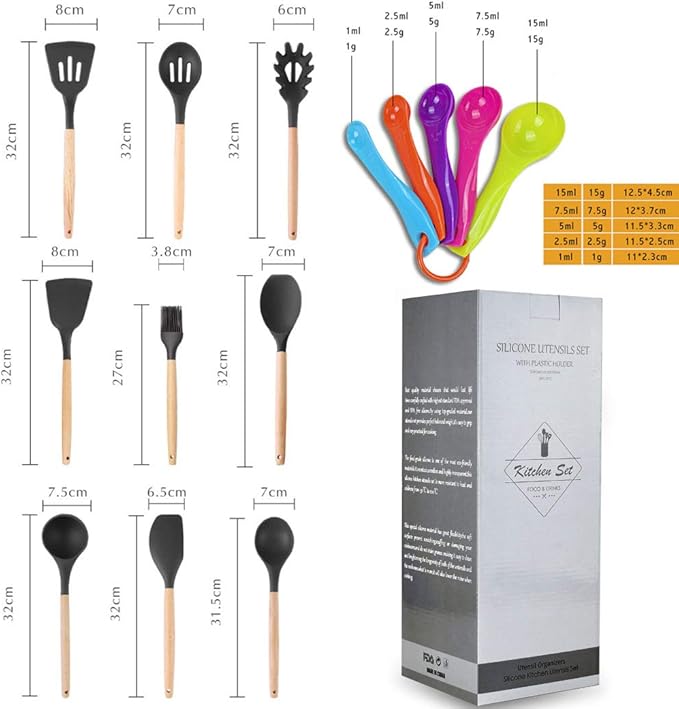 17PCS Silicone Utensils Set with Wooden Handle Heat Resistant Cookware Utensils Kit Easy To Clean Kitchenware Kitchen Tools for Non-Stick Cookware - Gray