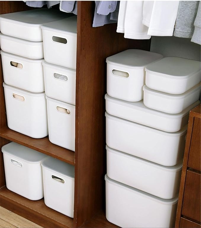4 Piece Plastic Storage Baskets Boxes with Lids,11.8x8x9.8 Inch Stackable Organizing Bins with Handles,White Versatile Containers for Pantry,Bathroom,Closet Shelves Desktop (White, 4XL)