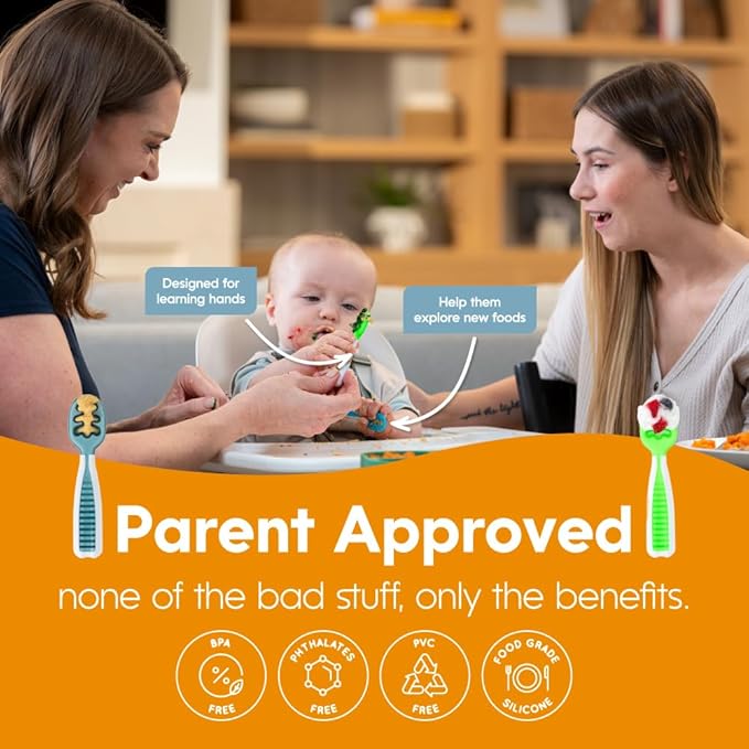 NumNum Baby Spoons Set, Feeding Littles x Silicone Pre-Spoon GOOtensils for Baby Led Weaning, Self-Feeding & Teething, First Stage Toddler Utensils for Ages 6+ Months, 3-Pack, BPA-Free (Neutrals)