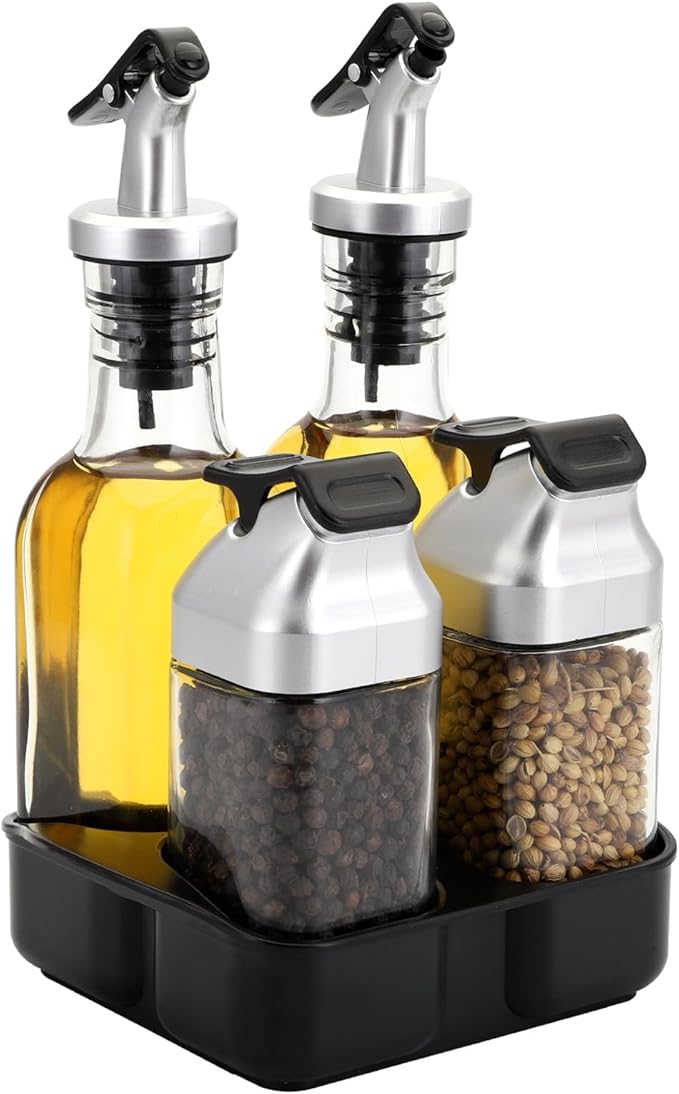 Jucoan 5 PCS Oil Vinegar Dispenser Bottles Set with Caddy Stand, Tabletop Glass Salt Pepper Shaker Olive Oil Vinegar Cruets Set with Tray for Home Kitchen Restaurant RV Camp Travel Wedding Party
