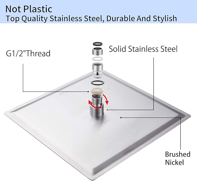 GGStudy Square 6 Inch Stainless Steel Shower Head High Pressure Rainall Shower Head Brushed Nickel Ultra Thin Design-Best Pressure Boosting
