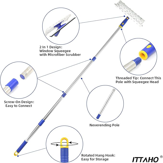 ITTAHO 60" Window Squeegee Cleaner 2 in 1 Window Cleaning Tool Kit Window Washing Kit with Extension Pole for Shower Glass, Indoor/Outdoor High Window Cleaning-Two Pads