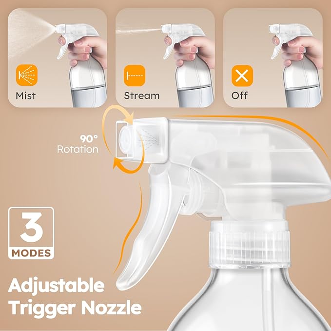 Tecohouse 2 Pack 360° Glass Spray Bottles Clear, 16 oz Empty Refillable Containers with Adjustable Spray Nozzles, Spray Bottles for Cleaning Solutions and Plants