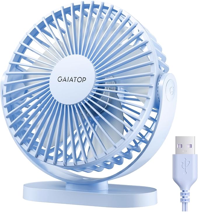 Gaiatop USB Desk Fan, 5.5 Inch Small Quiet Powerful 3 Speeds 90° Rotate, Personal Mini Portable Desktop Table Fans, Cooling for Home Office Car Travel Indoor Outdoor Blue