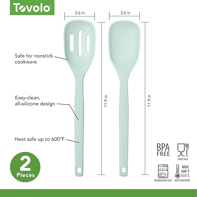 Tovolo Elements Silicone Spoon Set of 2 Mixing and Slotted Spoon Bundle for Non Stick Cooking Mixing Serving, Dishwasher Safe Heat Resistant Slotted Spoon and Mixing Serving Spoon, Blue Haze