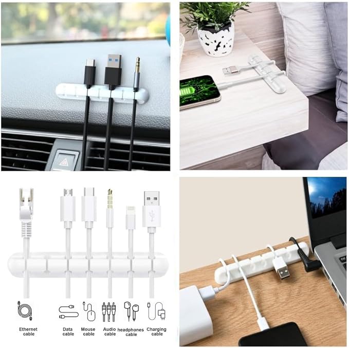 Cord Clip for Cable Management - Pack of 4 Adhesive Cord Clips with 7,5,3 & 1 Slots, Cable Organizer Clips for Computer & Charging Cables, Cord Holders for Nightstand, Clutter Organizer for Office