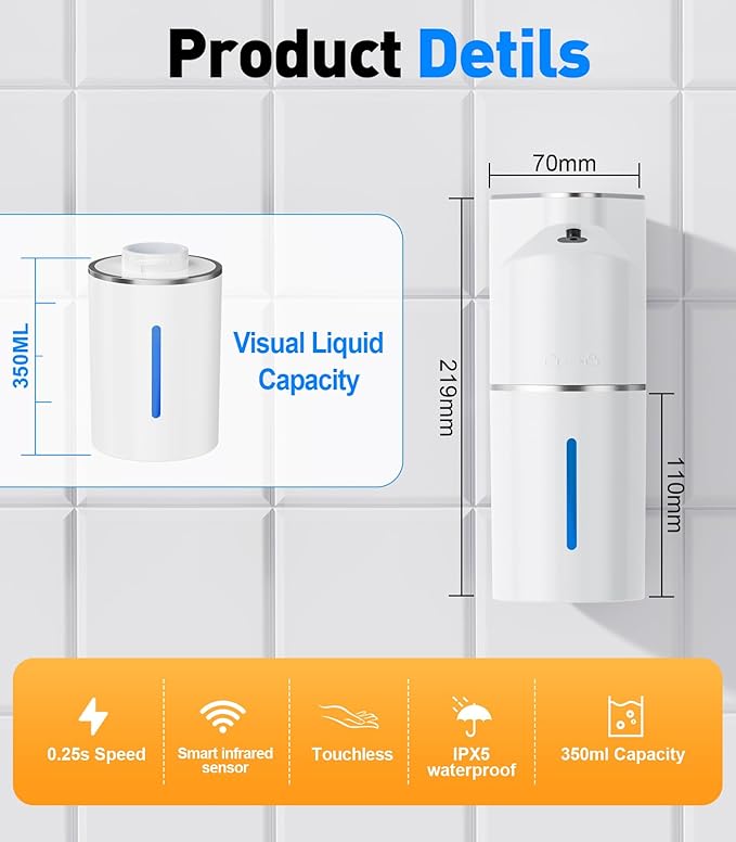 Automatic Soap Dispenser Touchless, 3-Level Adjustable 1200mAh, 13oz/350ml Wall or Countertop Mounted, Modern Electric Hand Soap Dispenser for Kitchen, Bathroom, Kids & Family - White
