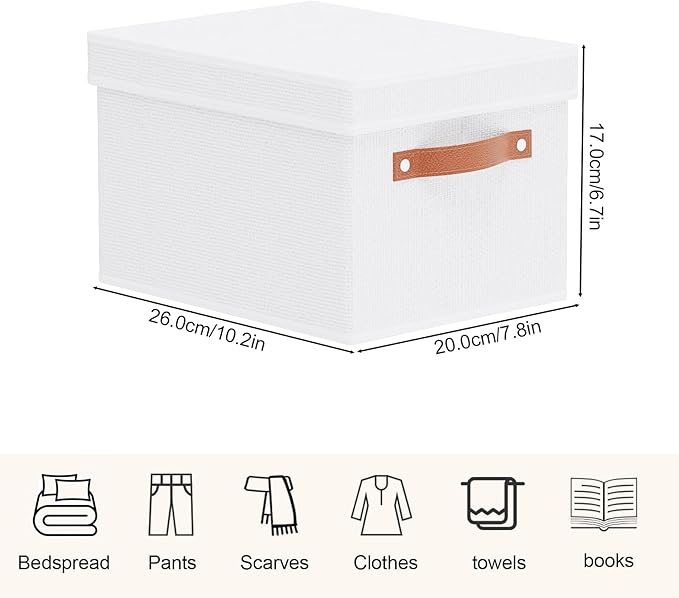 Foldable Storage Bin, 10.2×7.8×6.7 Inch Storage Box with Lid, Closet Organizer for Organizing with Handles, White, 1-Pack