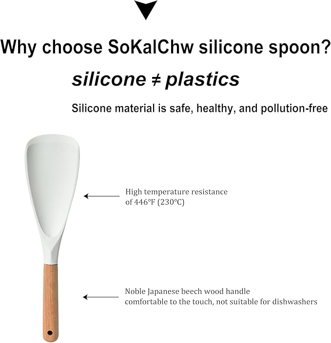Spatula Spoon and Rice Spoons with Wooden Handle, Food Grade Silicone Great for Cooking, Mixing, Scooper, Scrape, Non stick Heat Resistant (white - Rice set 2 pcs)