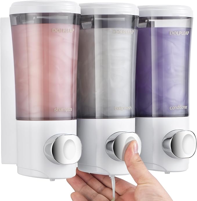 Shampoo Conditioner Body Wash Dispenser No Drill Shower Soap Dispenser Wall Mounted Shampoo Dispenser 3 Chamber with Upgrade Pump Head Bathroom Soap Dispenser 450ml/Each White