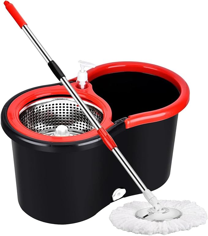 Spin Mop and Bucket Set, 360 Spin Mop and Bucket Stainless Steel,Floor Cleaning System,with 3 Replacement Heads (Black-1)