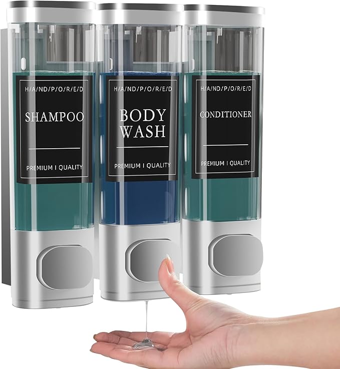 Shampoo and Conditioner Dispenser, Shower Soap Dispenser Wall Mounted, Shower Dispenser 3 Chamber No Drill for Bathroom Large Capacity (Silver)