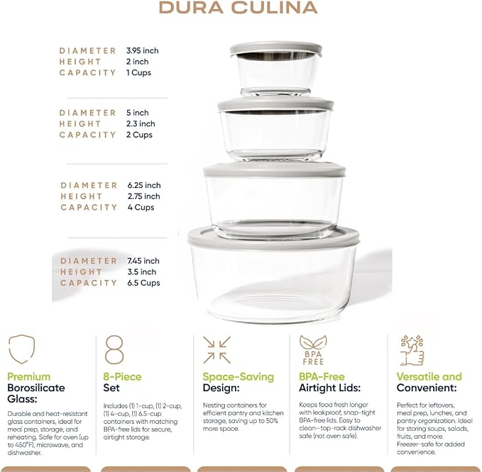 DURA LIVING 8-Piece Glass Food Storage Containers Set (4 Containers + 4 Lids) | Round, Nesting, Microwave & Dishwasher Safe | BPA-Free, Space-Saving