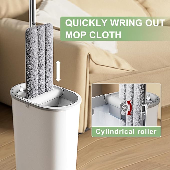 CQT Self-Wringing Mop and Bucket Set for Home Long Handle Flat Mop with 4 Washable Microfiber Pads