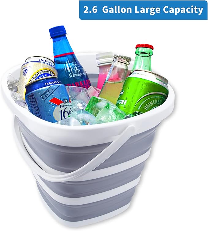2 Pack Collapsible Buckets 10L 2.6 Gallon Cleaning Bucket Mop Bucket Folding Foldable Portable Small Plastic Water Supplies for Outdoor Garden Camping Fishing Car Wash Space Saving Square Grey Blue