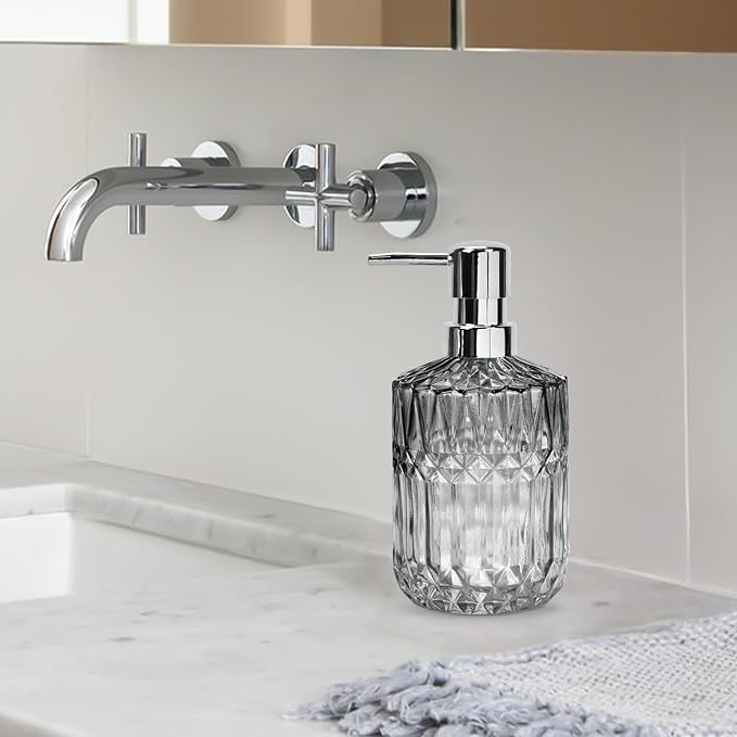 Glass Soap Dispenser with Plastic Pump, 2 Pack 12oz Gradient Diamond Hand & Refillable Lotion Dispenser & Dish Bathroom Soap Dispenser for Liquid, Shower Gel