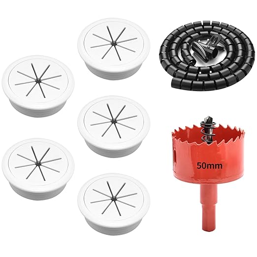 Surf turtle 5 Pack 2 Inch White Desk Grommets, Flexible Cable Cord Hole Cover with Bi-Metal Hole Saw Kit, 2m Cable Sleeve and Coiled Cord Wrap for Desk Wire Management