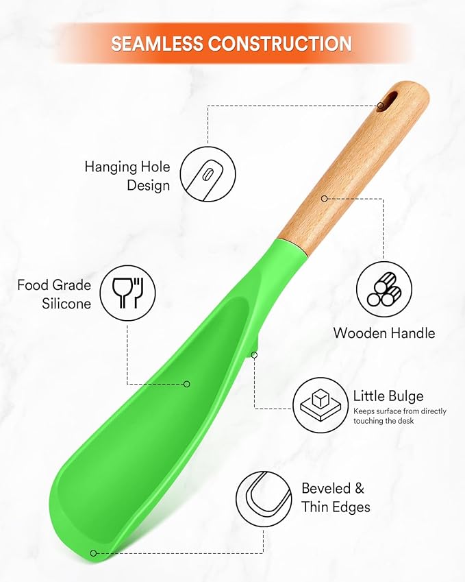 Cooking Spoon and Rice Scooper for Nonstick Cookwares, Great for Cooking and Serving Sturdy BPA-Free Matte Silicone, Wood Handle Spoon for Mixing, Scoop, and Scrape (Apple Green)