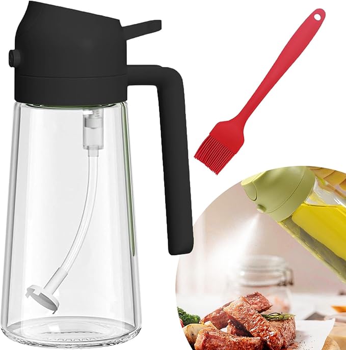 2 In 1 Glass Oil Sprayer & Dispenser with Brush, 2024 New 2-in-1 Glass Oil Sprayer and Dispenser for Kitchen Cooking, Spray Oil Dispenser for Kitchen, Food-grade Oil Mister Spray Bottle (Black,470ml)