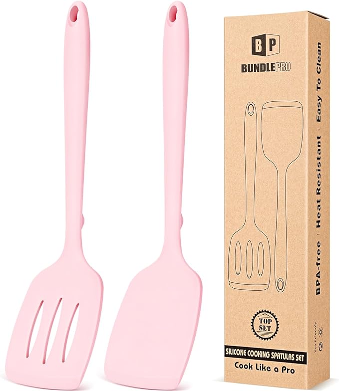 Pack of 2 Silicone Spatula Turners, Non Stick Slotted Kitchen Spatula Set, Heat Resistant BPA Free Kitchen Utensils, One-Piece Design, Suitable for Flipping Fish, Eggs, Steak, Pancakes (PINK)
