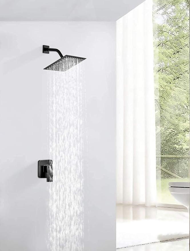 Black Shower Head GGStudy 6 inch Square Rain Shower Heads Stainless Steel High Pressure Ultra Thin Rainfall Bath Shower Self-cleaning Silicone Nozzle