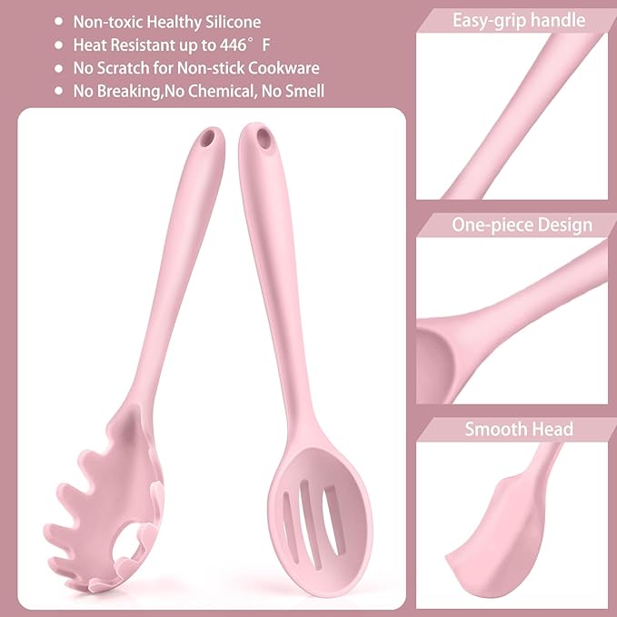 P&P CHEF Silicone Cooking Utensils Set of 7, Heat-proof Kitchen Utensils Set for Nonstick Cookware, Non-stick Spatula, Slotted Turner, Soup Ladle, Pasta Server, Spoon for Cooking Serving - Pink