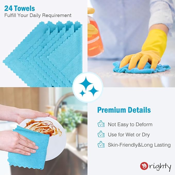 Orighty Cleaning Cloths 12x12 inch, Pack of 24, Highly Absorbent Microfiber Cleaning Supplies, Lint Free Cloths for Multiple-use, Powerful Cleaning Rags for House, Kitchen, Car Care (Blue)