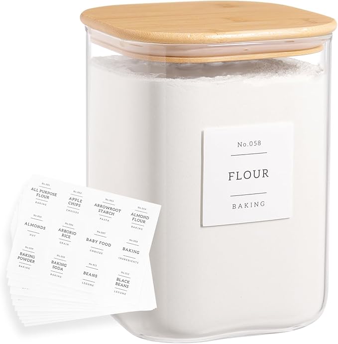 Large glass flour and sugar containers with 132 Kitchen Pantry Labels - 110 oz Glass Food Storage Containers with Airtight Lids
