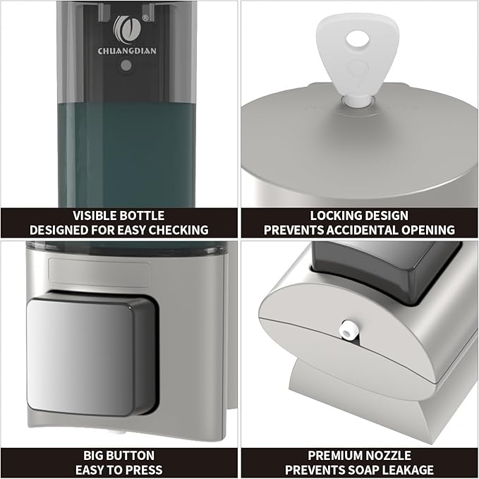 Manual Soap Dispenser Wall Mount, 6.76oz/200ml Liquid Soap Dispenser for Kitchen, No Drill Bathroom Shampoo and Conditioner Dispenser, Refillable Hand Sanitizer Dispenser for Home & Office (Sliver)